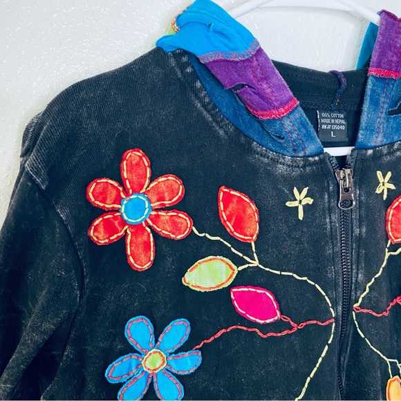 Boho Floral Embroidered Distressed Patchwork Zip Front Hooded Jacket Large - Picture 3 of 7